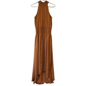 New Ramy Brook Belle Satin Smocked Midi Dress Copper Size Small